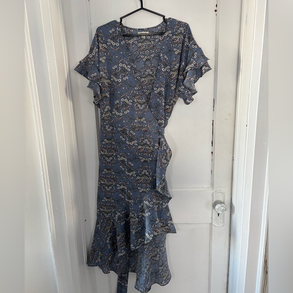 Max Studio Blue Floral Faux Wrap Midi Dress Ruffle Sleeve Plus Size 1X - Picture 2 of 4